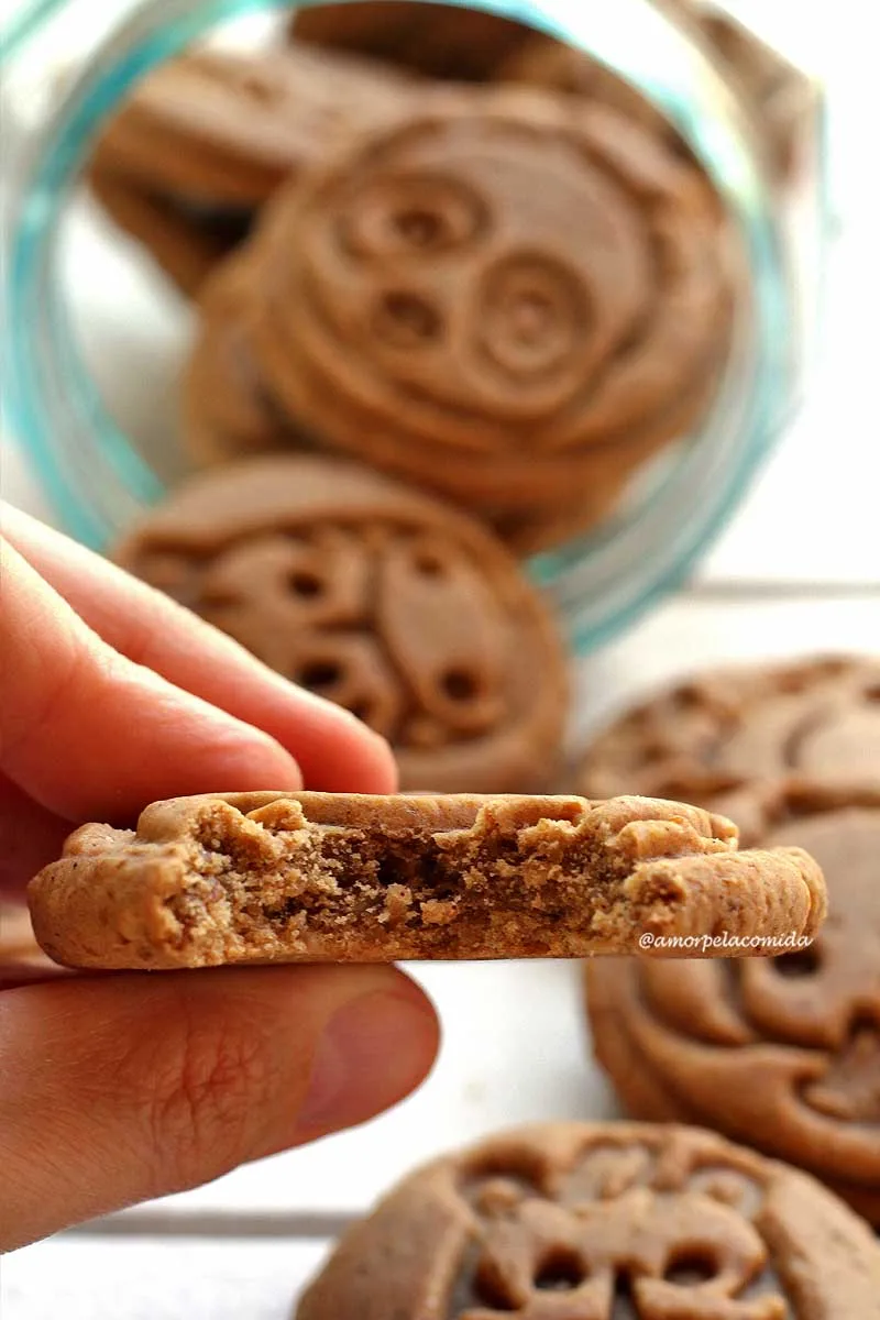 Mão segurando biscoito redondo mordido mostrando a textura compacta do inteiror do biscoito, ao fundo vidro deitado na mesa com vários biscoitos saindo de dentro